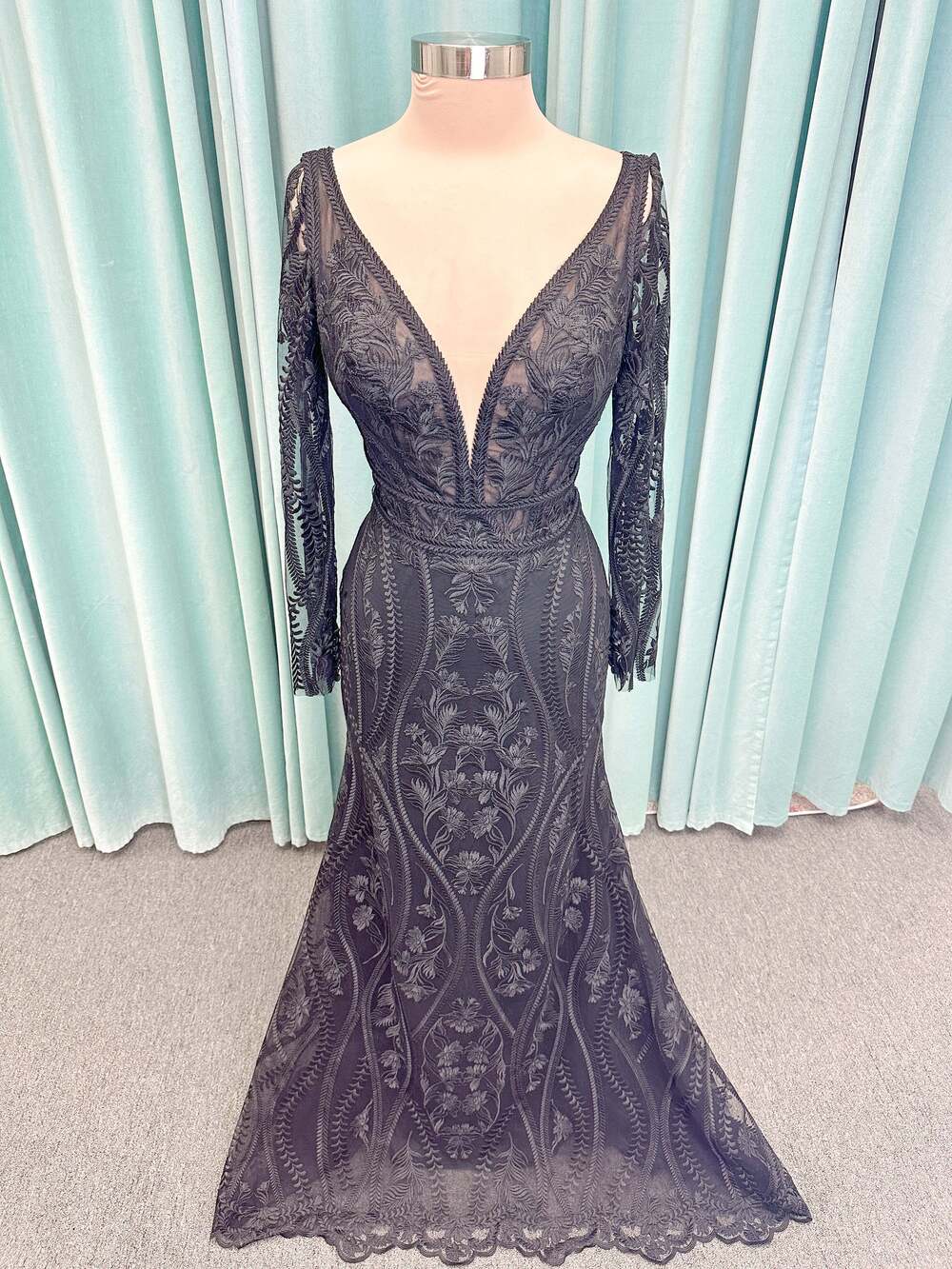Embroidered Black Lace Mermaid Wedding Dress with Plunging V-Neckline and